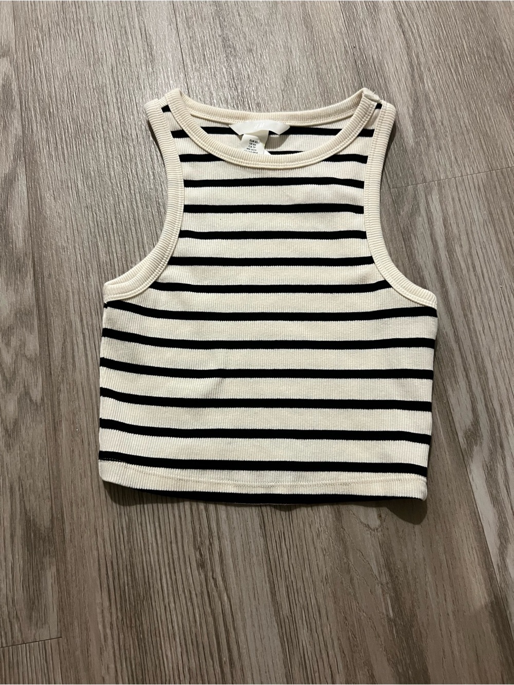 H&M Black & Cream Striped Ribbed Cropped Tank